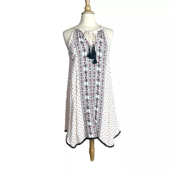 Knox Rose Trapeze Dress S Tassel Tie Pom Boho Red Black Lined Sleeveless Halter - Picture 1 of 7